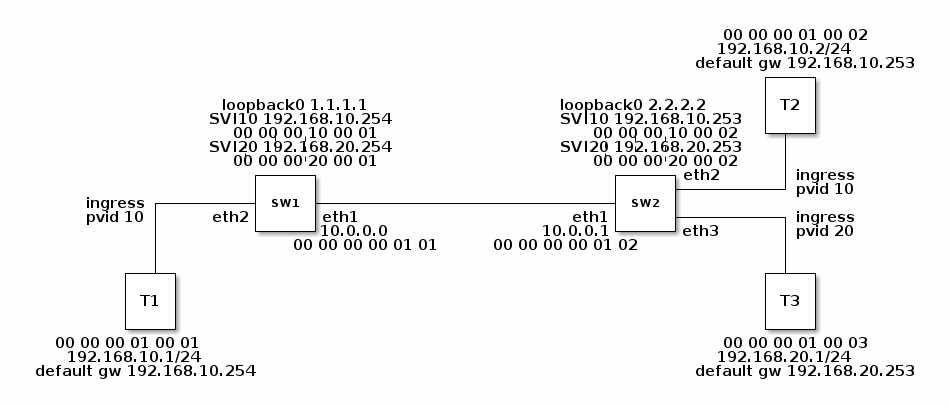@startditaa
                                                                     00:00:00:01:00:02
                                                                    192.168.10.2/24
                                                                  default gw 192.168.10.253
                                                                          +----+
                                                                          |    |
                   loopback0 1.1.1.1                  loopback0 2.2.2.2   | T2 |
                  SVI10 192.168.10.254                SVI10 192.168.10.253|    |
                    00:00:00:10:00:01                   00:00:00:10:00:02 +-+--+
                  SVI20 192.168.20.254                SVI20 192.168.20.253  |
                    00:00:00:20:00:01                   00:00:00:20:00:02   |
                       +-----+                             +-----+eth2      |ingress
                       |     |                             |     +----------+pvid 10
      ingress+---------+ SW1 +-----------------------------+ SW2 |
      pvid 10|     eth2|     |eth1                     eth1|     +----------+ingress
             |         +-----+10.0.0.0             10.0.0.1+-----+eth3      |pvid 20
             |            00:00:00:00:01:01   00:00:00:00:01:02             |
             |                                                              |
          +--+-+                                                          +-+--+
          |    |                                                          |    |
          | T1 |                                                          | T3 |
          |    |                                                          |    |
          +----+                                                          +----+
 00:00:00:01:00:01                                                   00:00:00:01:00:03
   192.168.10.1/24                                                  192.168.20.1/24
default gw 192.168.10.254                                         default gw 192.168.20.253
@endditaa